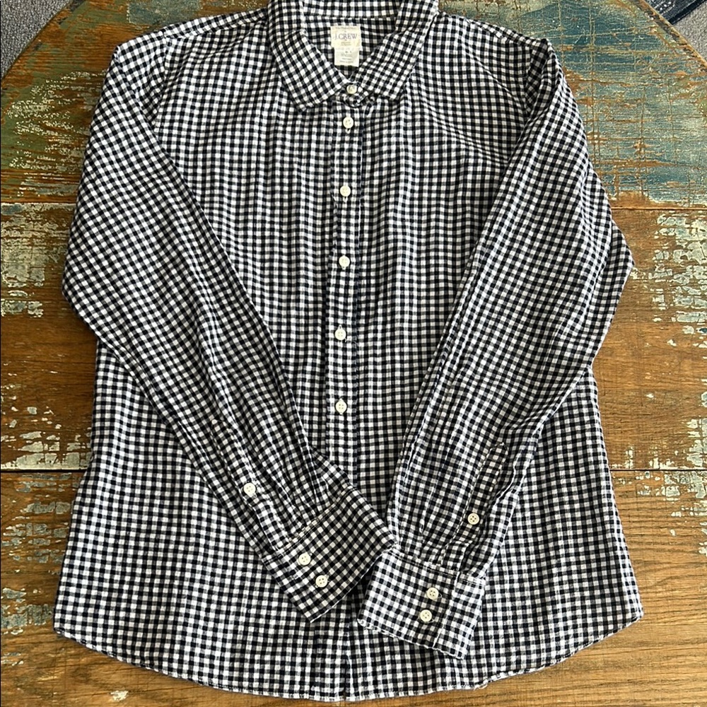 J. Crew Navy Blue and White Checkered Women’s Long Sleeve Shirt Size M - Picture 4 of 5